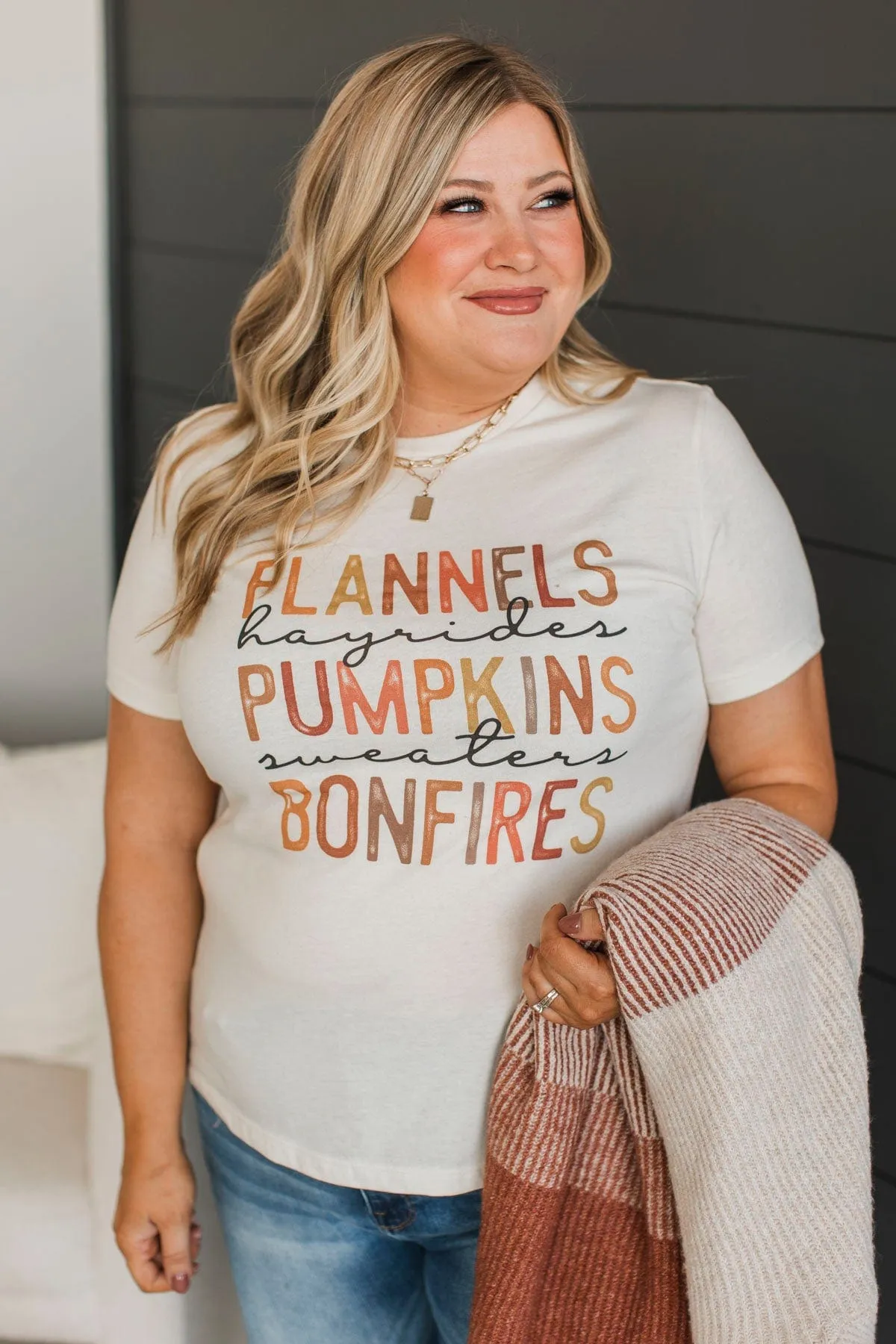 "Flannels, Hayrides, Pumpkins" Graphic Tee- Cream