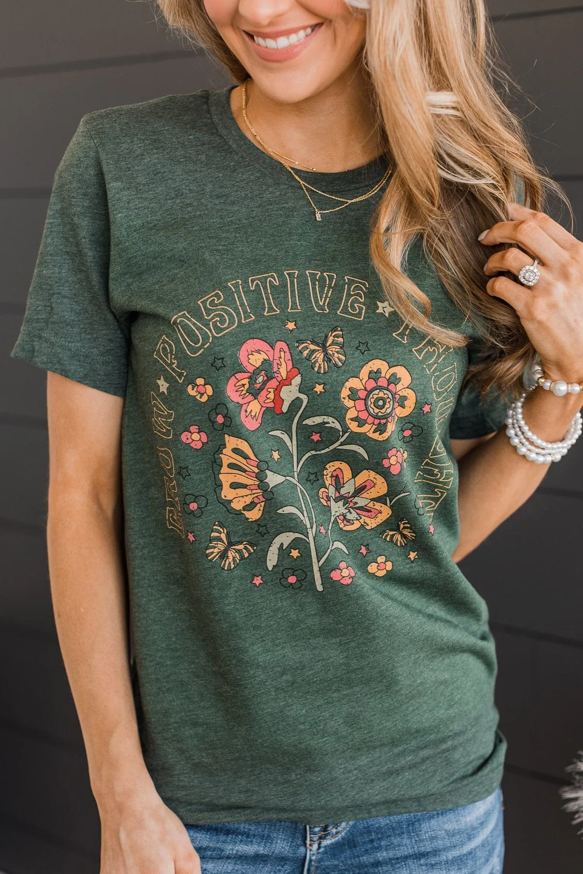"Grow Positive Thoughts" Graphic Tee- Forest Green