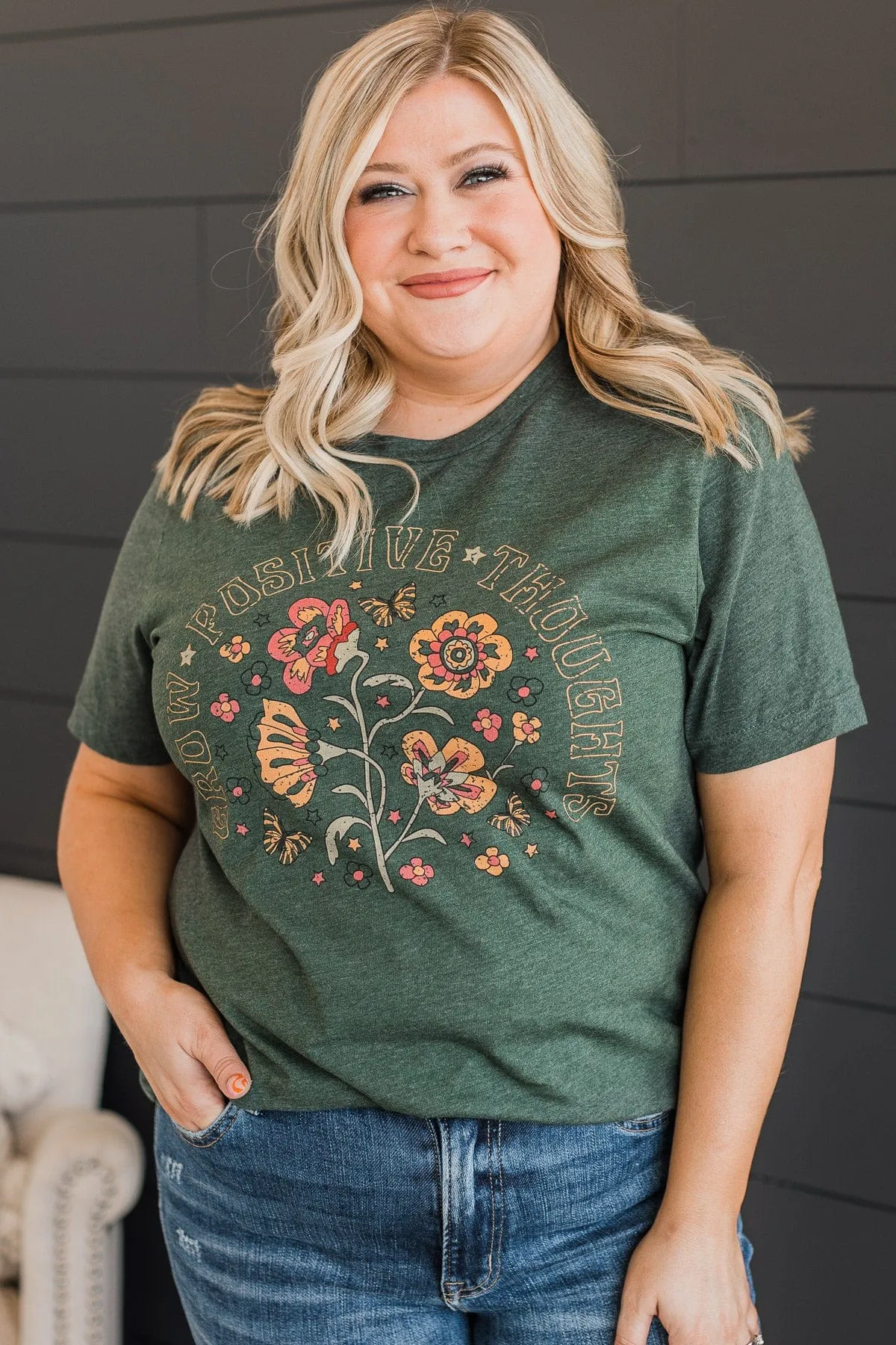 "Grow Positive Thoughts" Graphic Tee- Forest Green