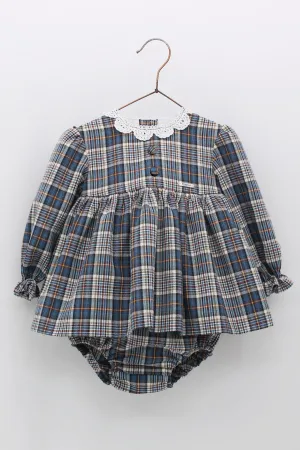 "Isabelle" Petrol Blue Tartan Dress & Bloomers