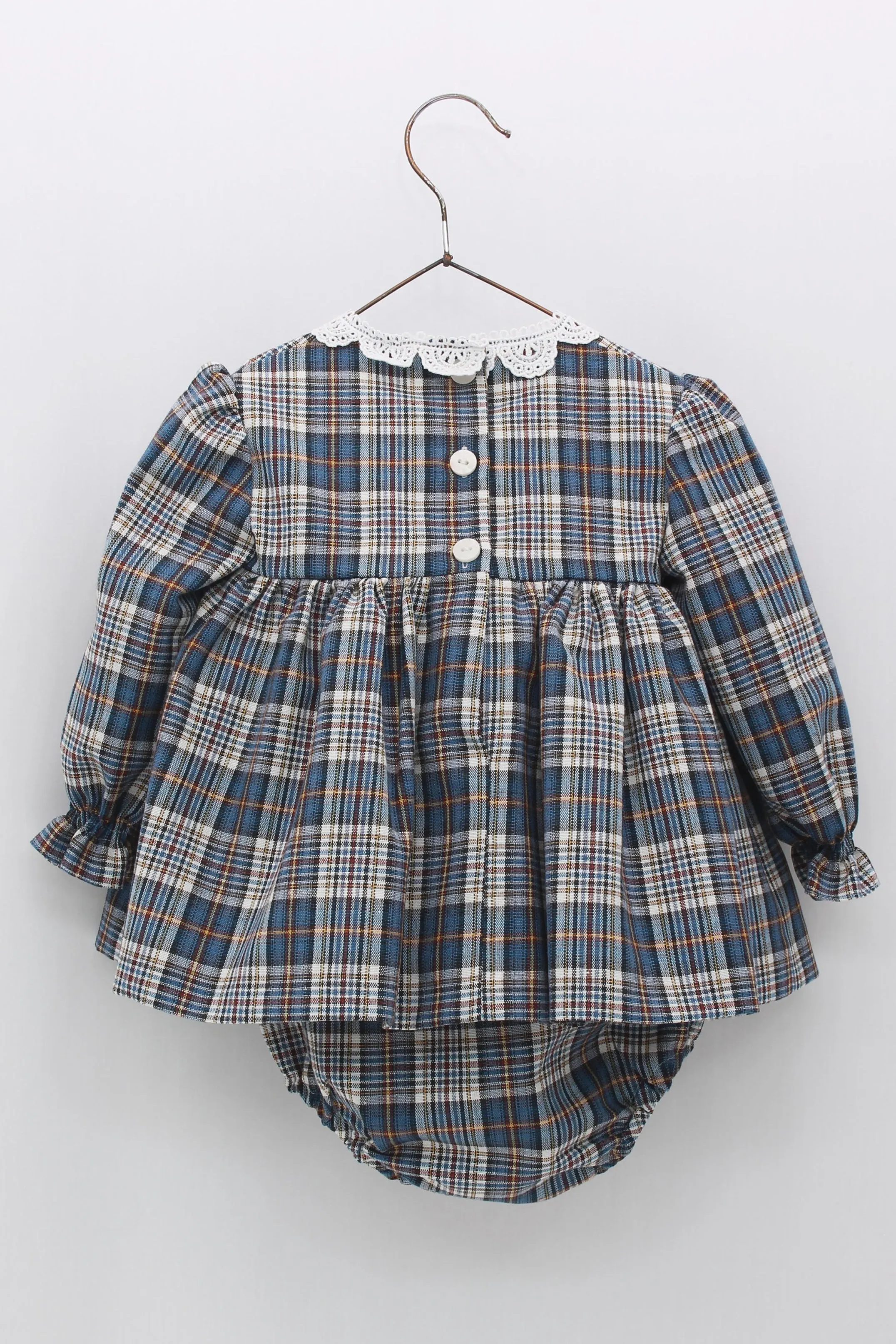 "Isabelle" Petrol Blue Tartan Dress & Bloomers