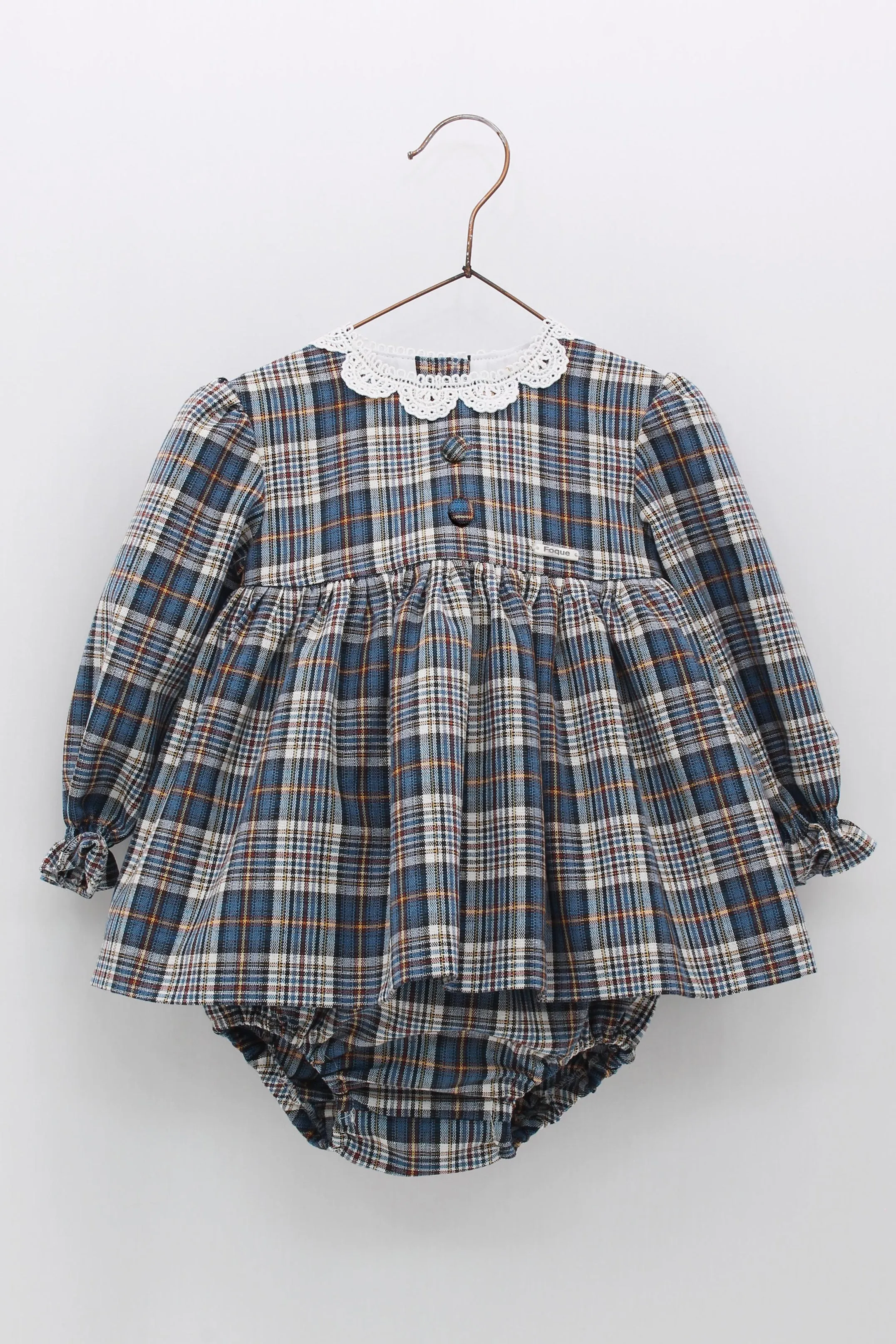 "Isabelle" Petrol Blue Tartan Dress & Bloomers