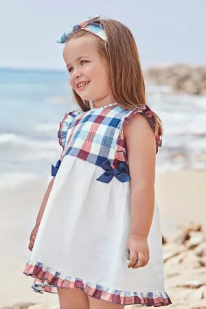 "Jemima" White, Navy & Red Checked Dress