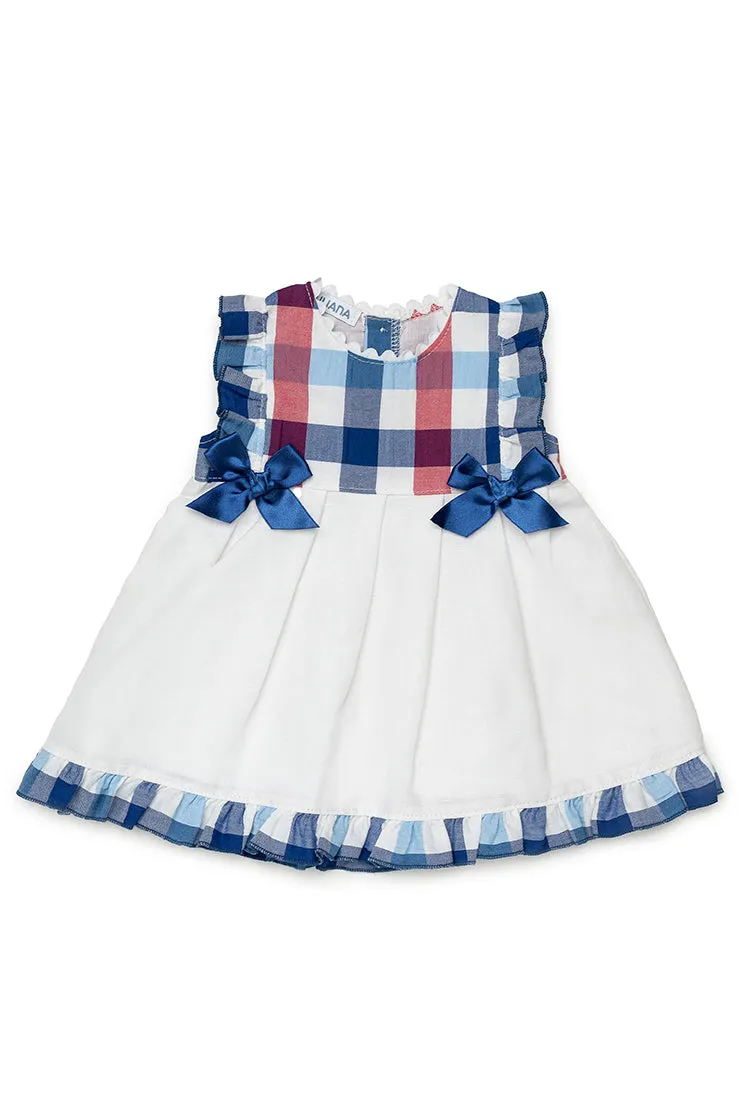 "Jemima" White, Navy & Red Checked Dress