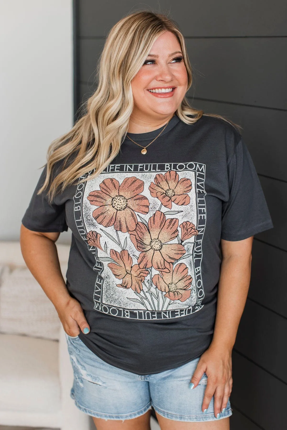 "Live Life In Full Bloom" Floral Graphic Tee- Charcoal
