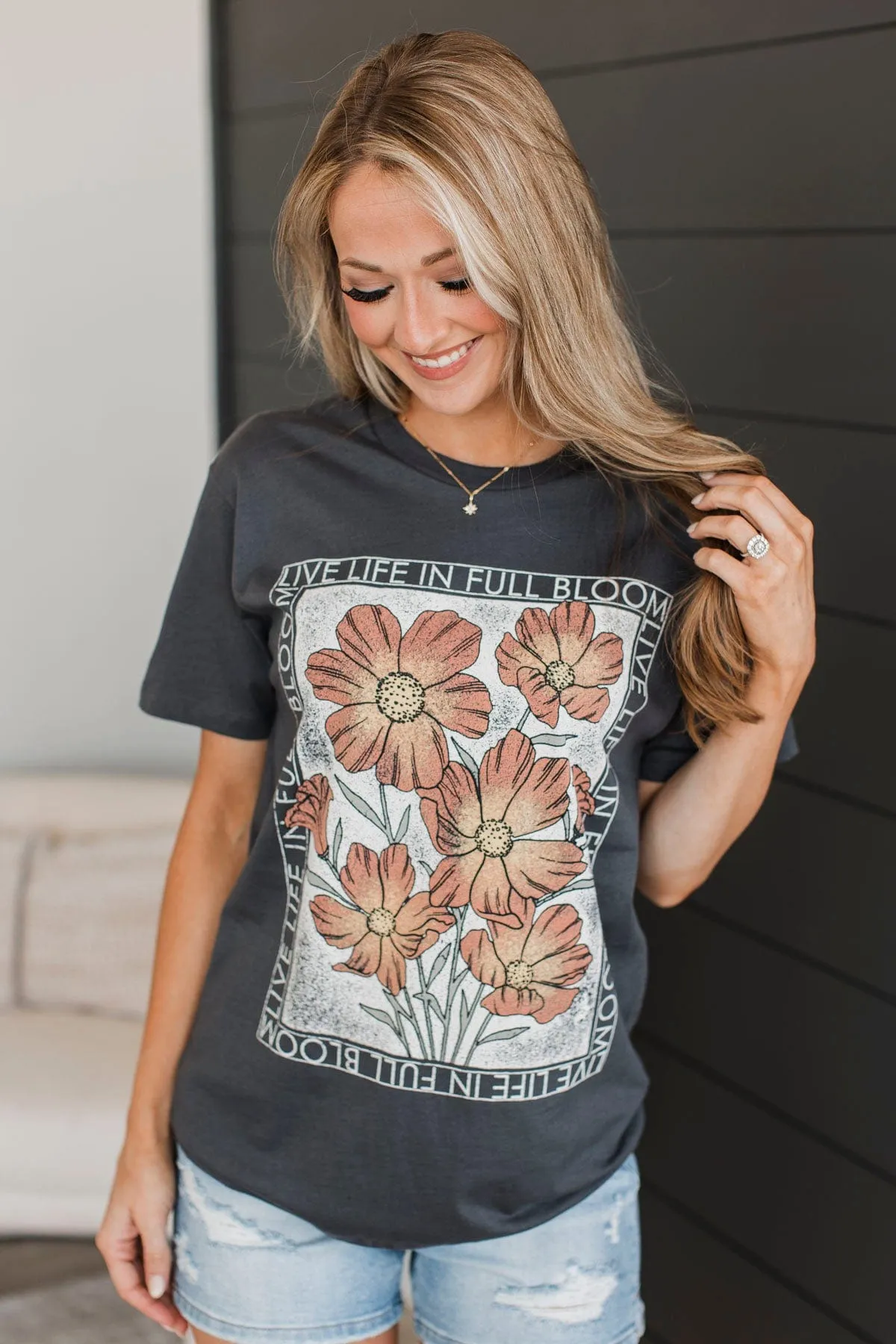 "Live Life In Full Bloom" Floral Graphic Tee- Charcoal