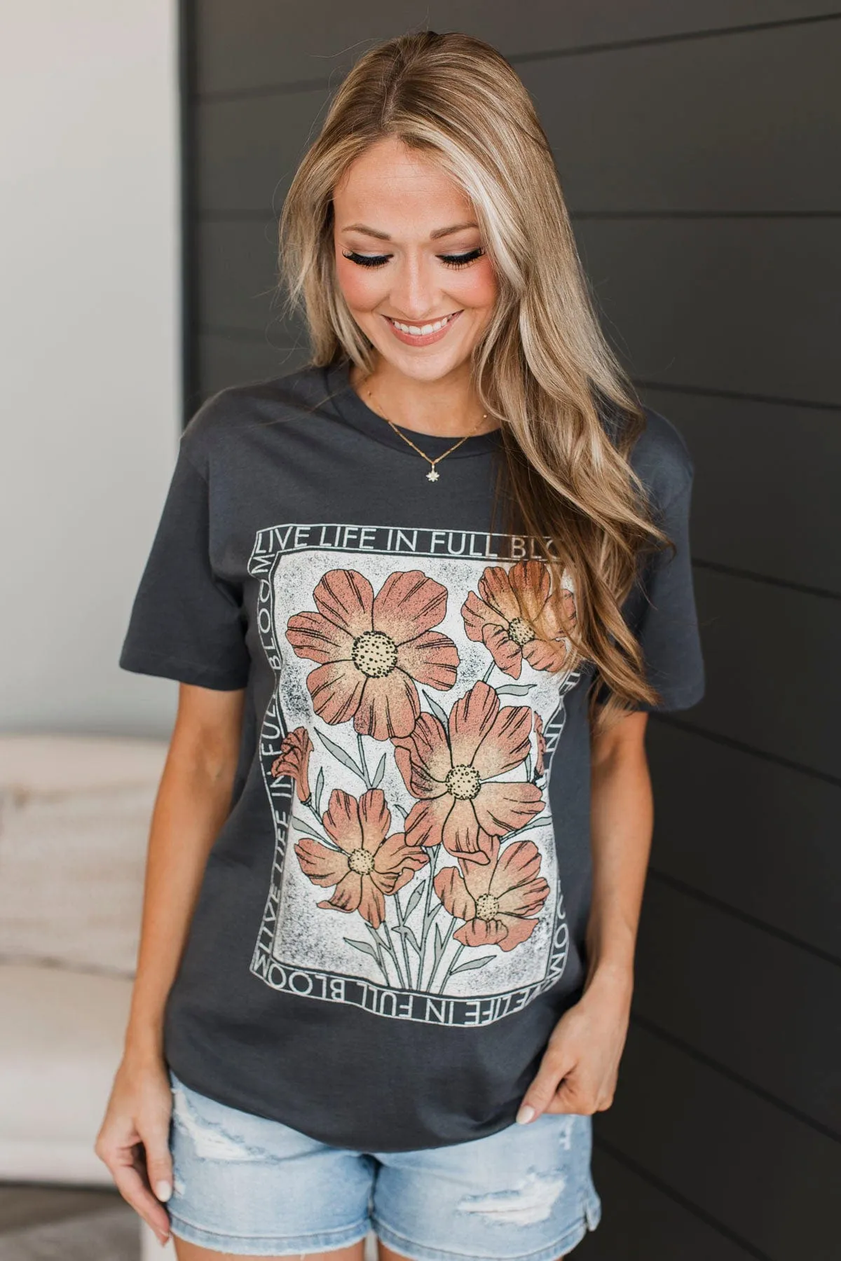 "Live Life In Full Bloom" Floral Graphic Tee- Charcoal
