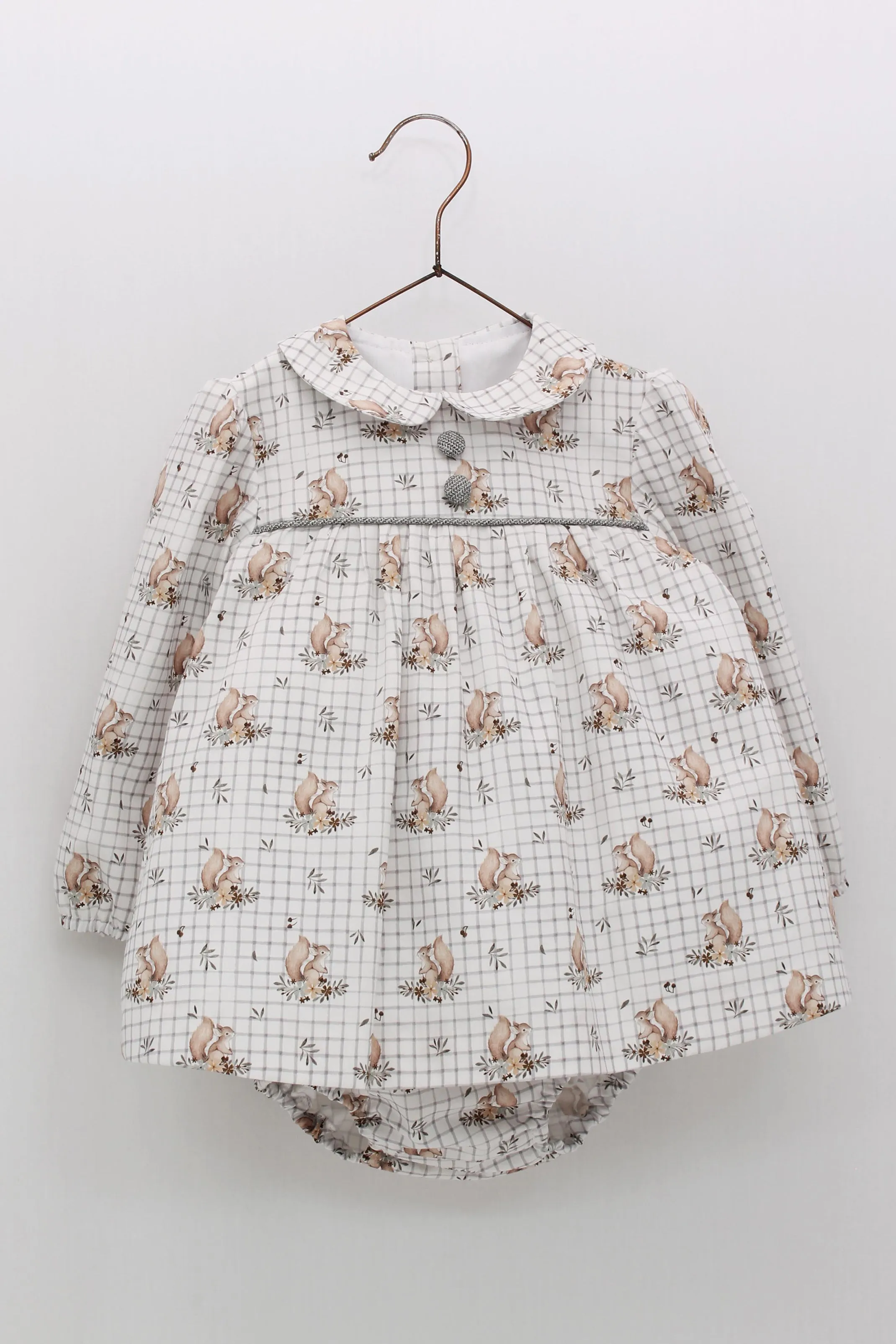 "Maggie" Grey Squirrel Print Dress & Bloomers