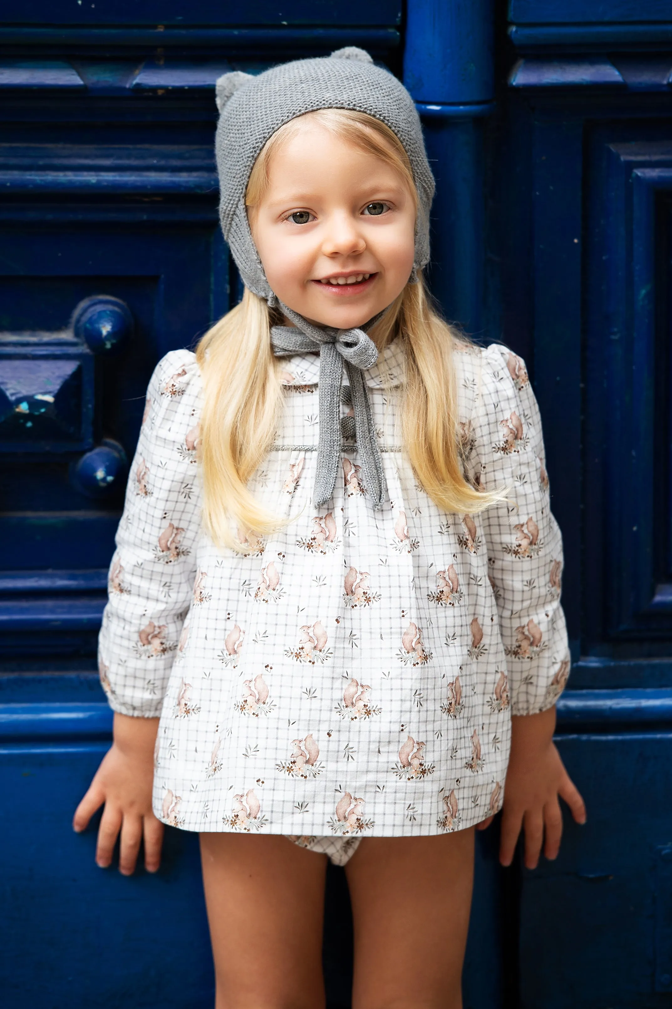 "Maggie" Grey Squirrel Print Dress & Bloomers