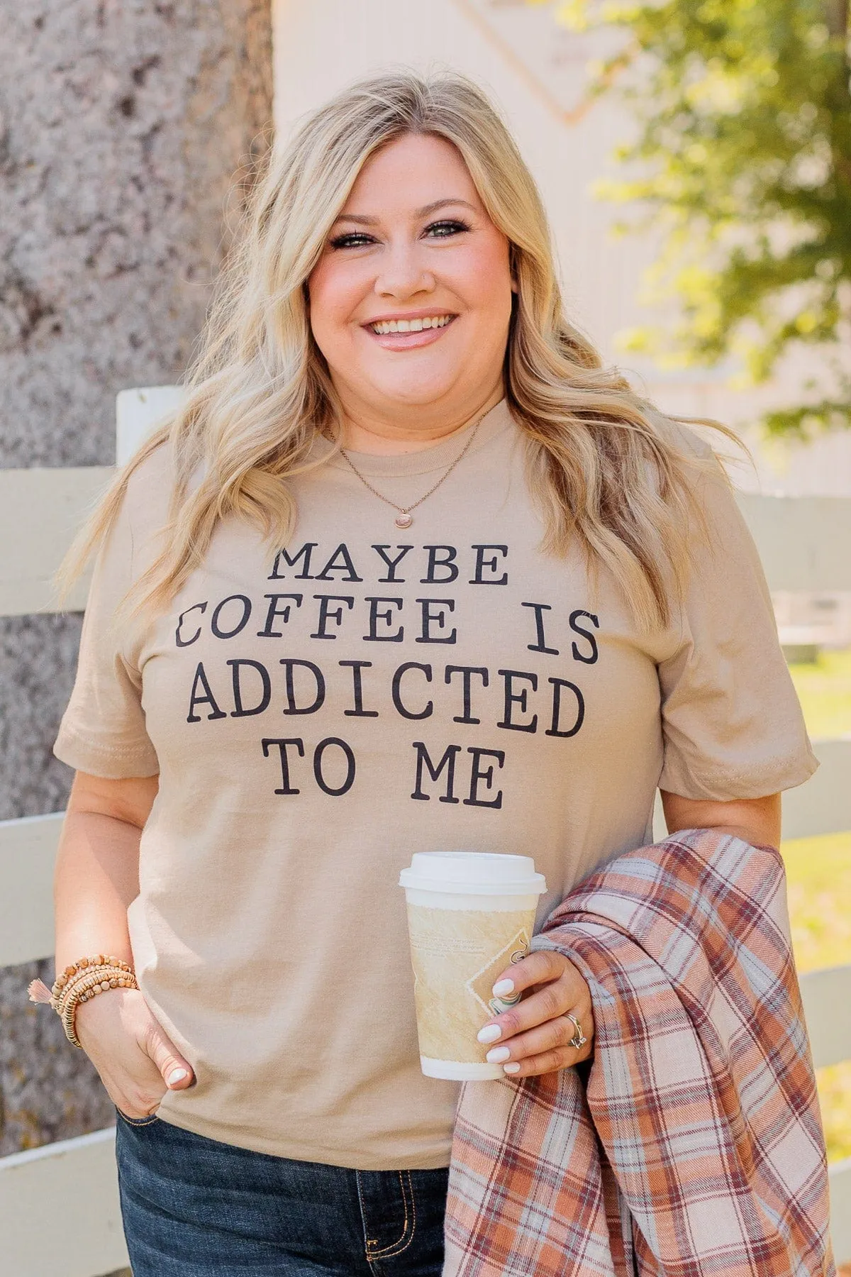 "Maybe Coffee Is Addicted To Me" Graphic Tee- Taupe