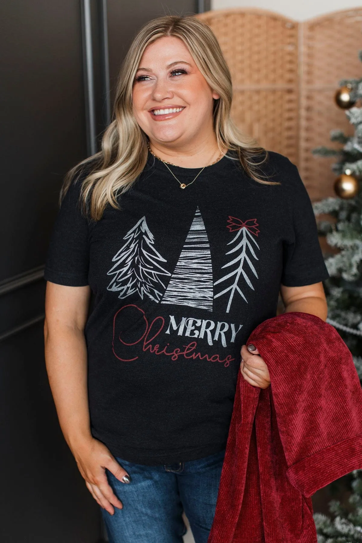 "Merry Christmas" Glitter Graphic Tee- Black