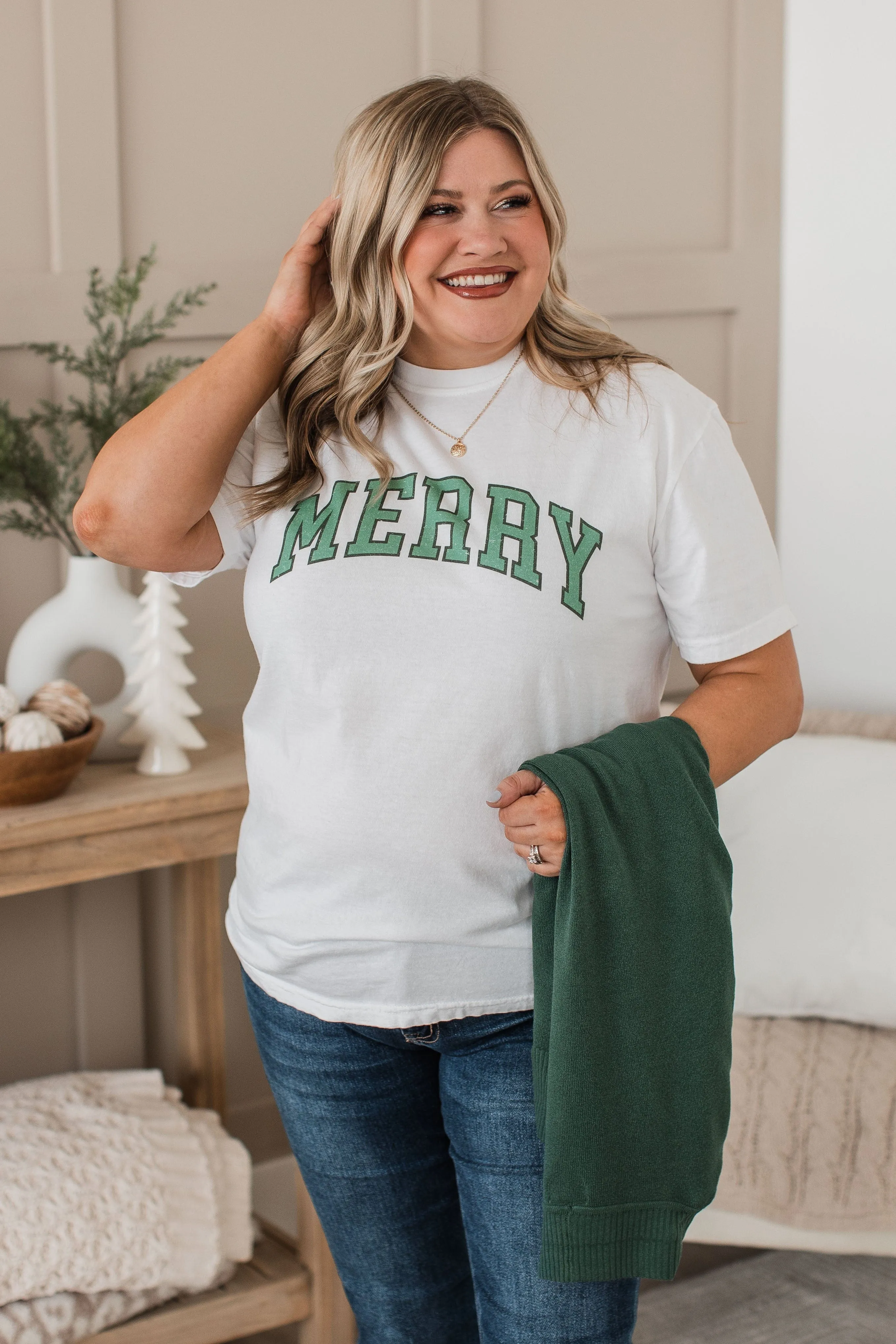 "Merry" Varsity Graphic Top- Ivory