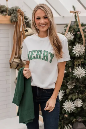 "Merry" Varsity Graphic Top- Ivory