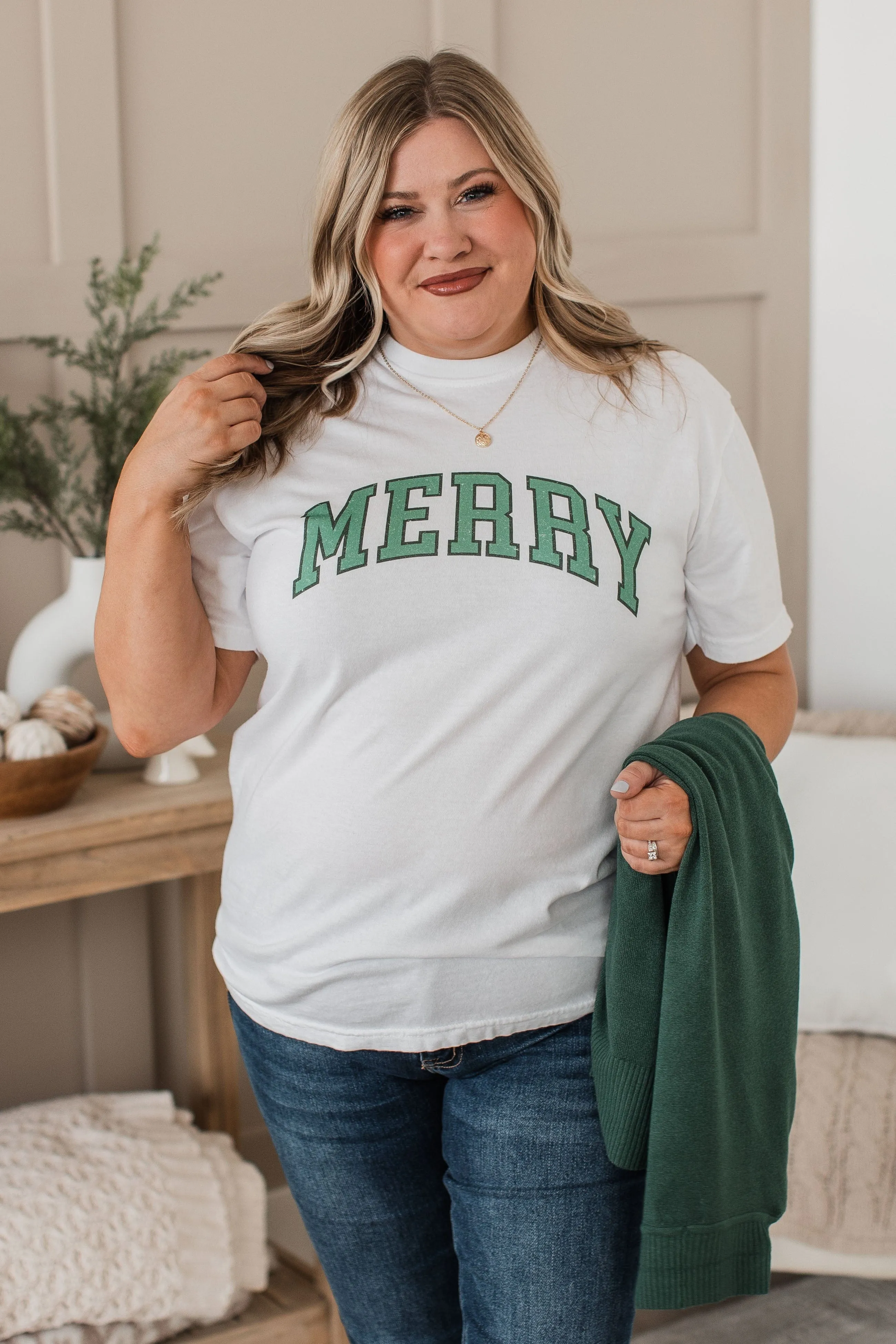 "Merry" Varsity Graphic Top- Ivory