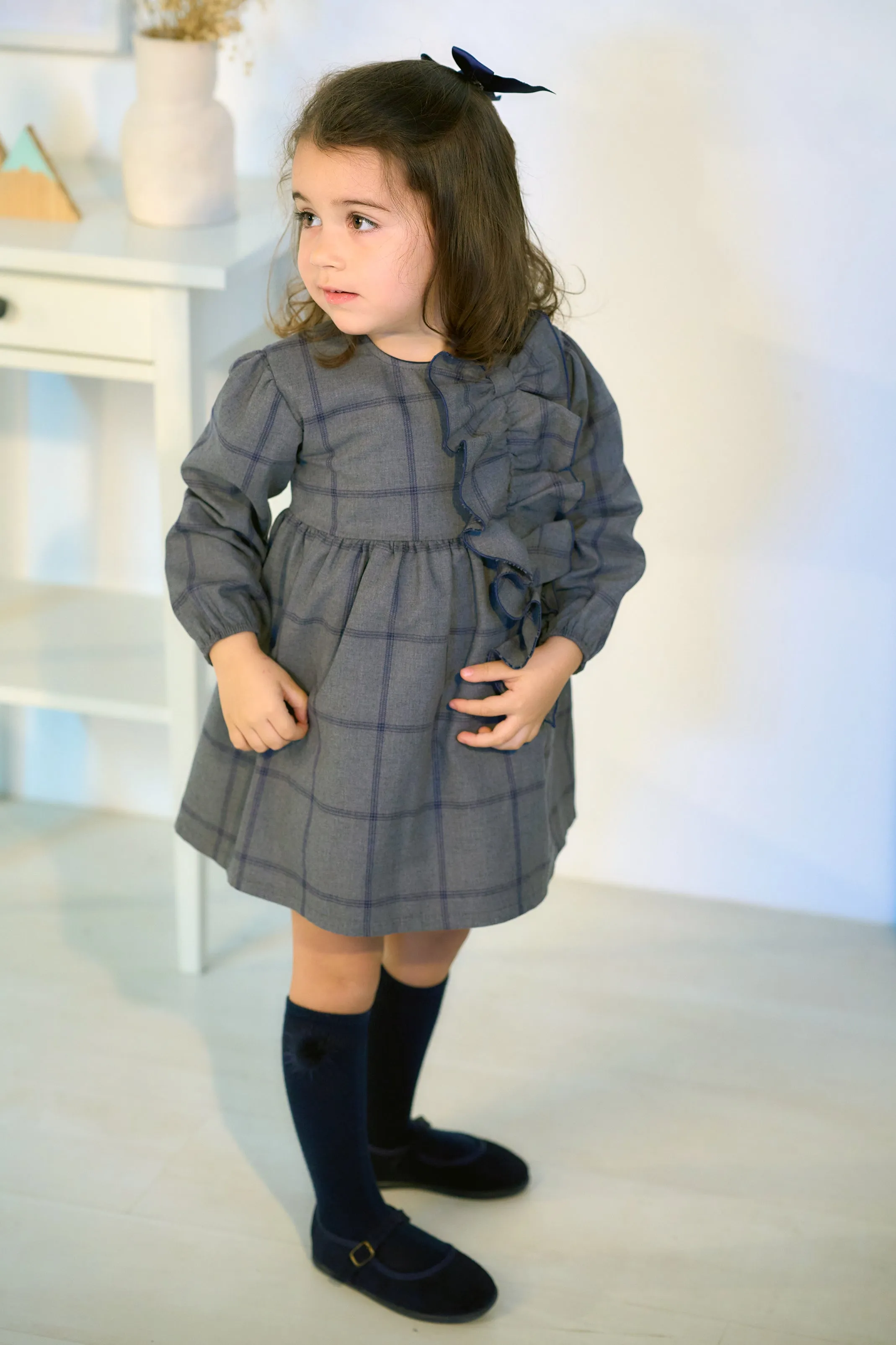 "Reese" Grey & Navy Check Dress
