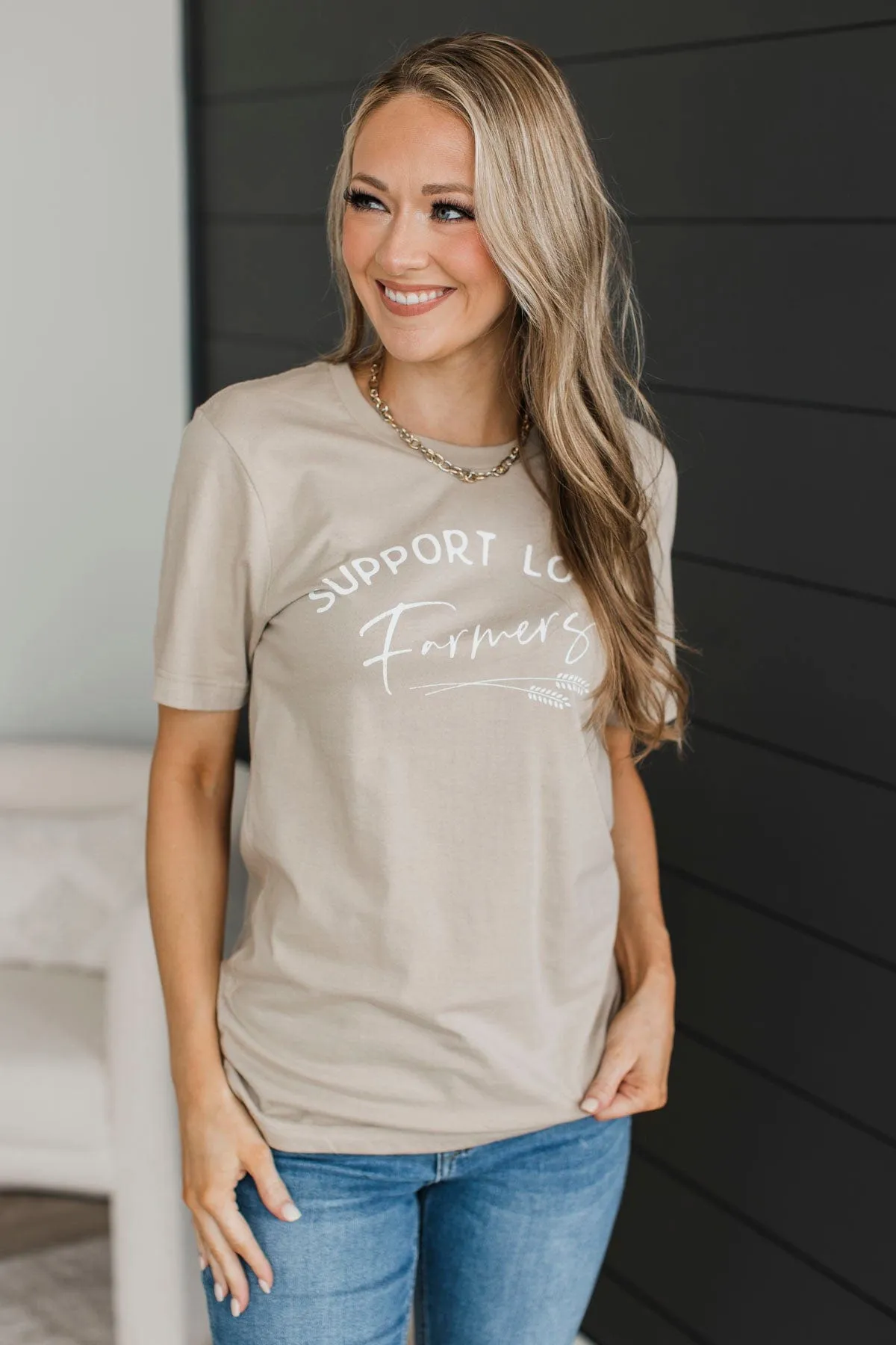 "Support Local Farmers" Graphic Tee- Light Taupe