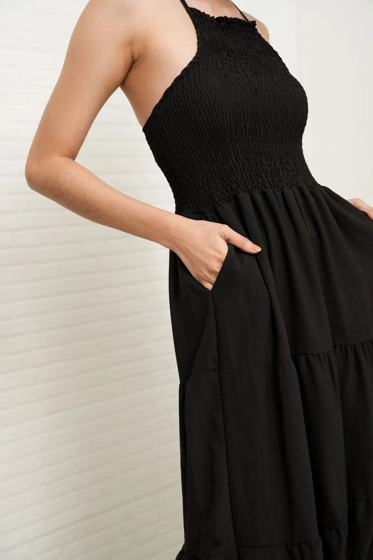 RAMONA Smocked Halter Criss-cross Back Dress (Black)