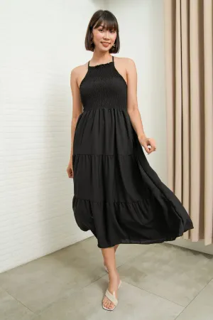 RAMONA Smocked Halter Criss-cross Back Dress (Black)