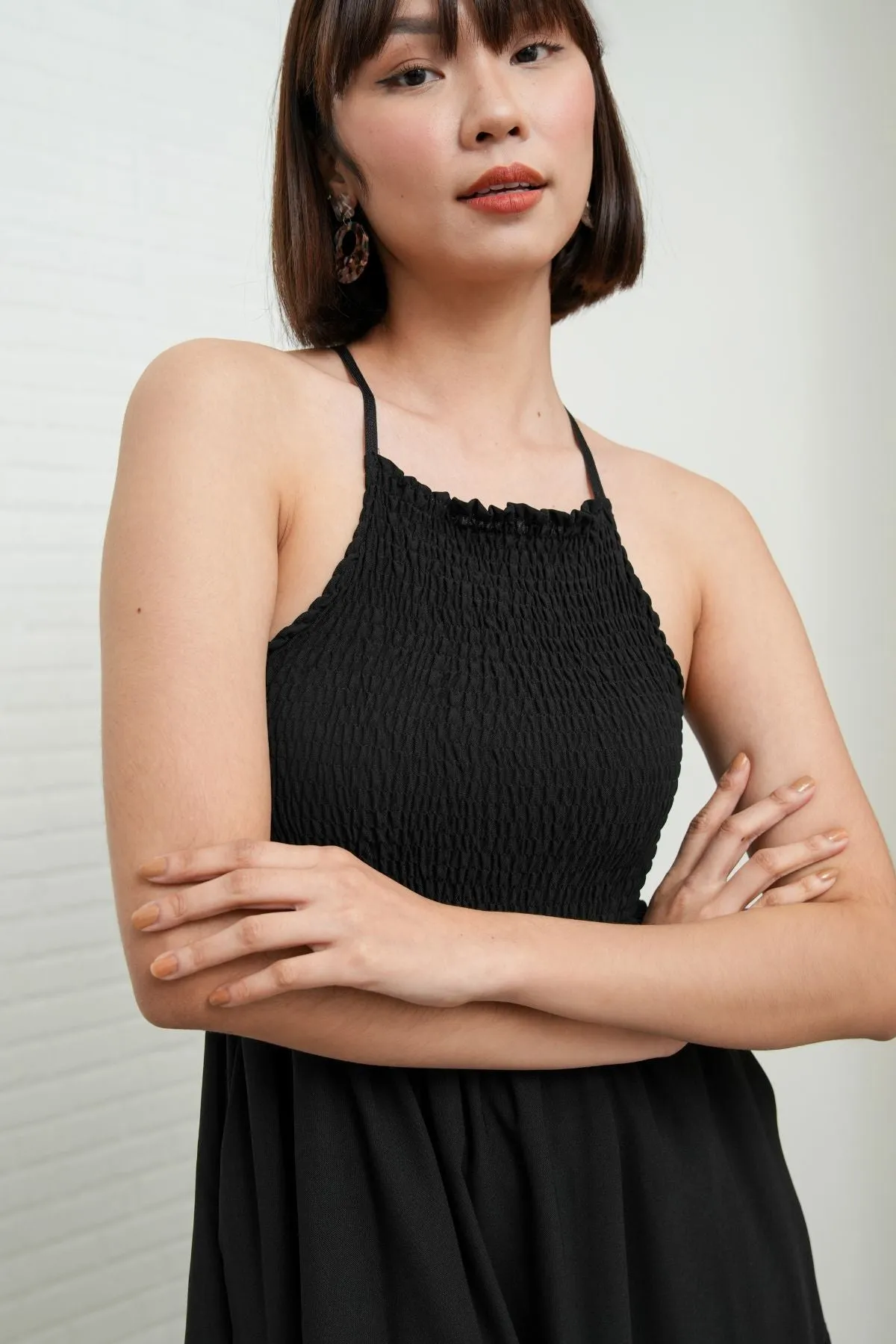 RAMONA Smocked Halter Criss-cross Back Dress (Black)