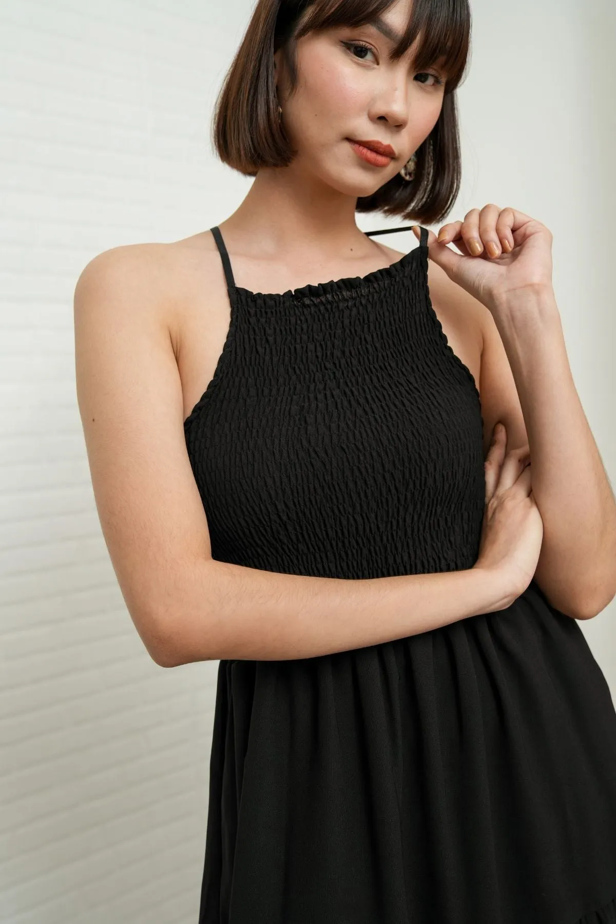RAMONA Smocked Halter Criss-cross Back Dress (Black)