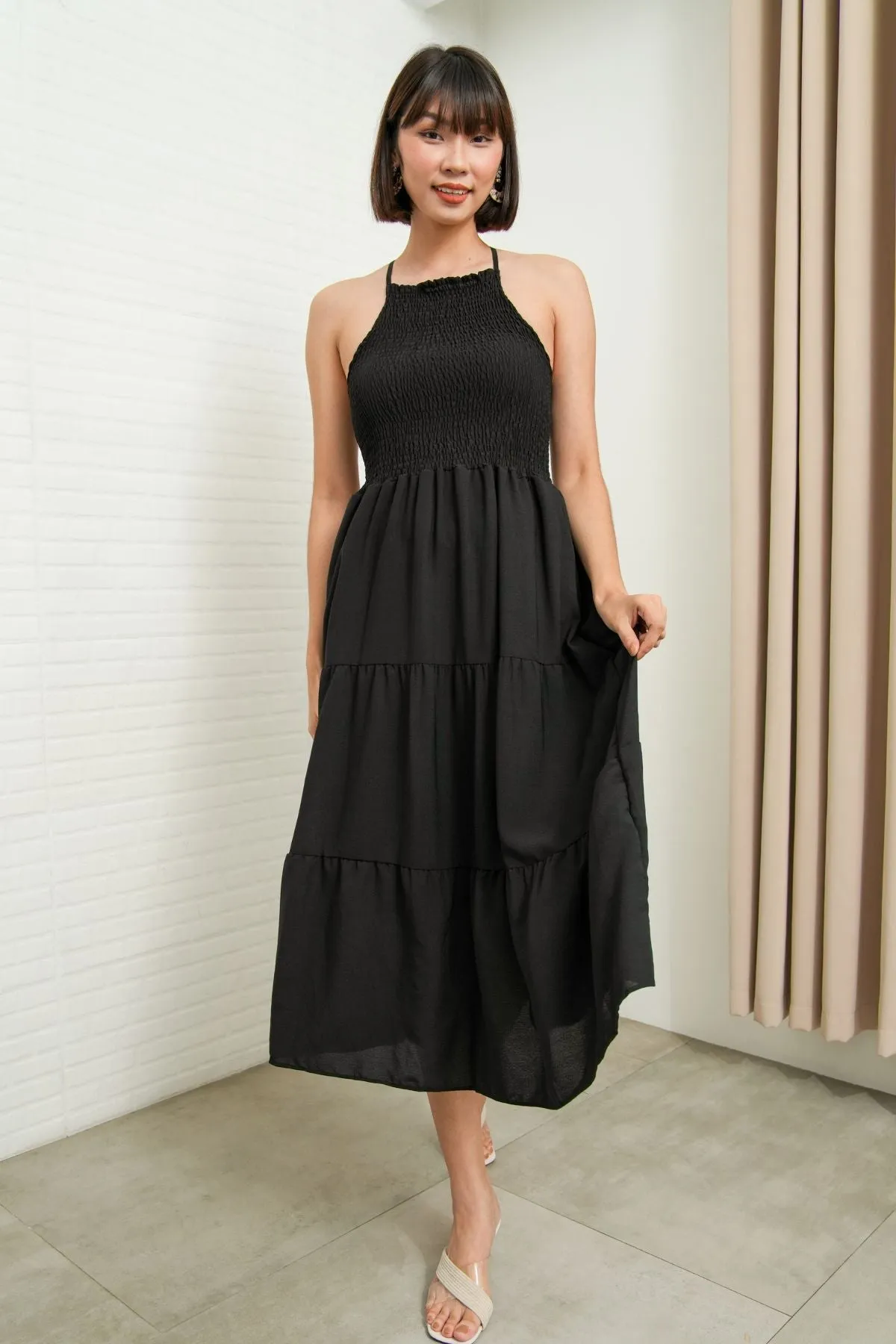 RAMONA Smocked Halter Criss-cross Back Dress (Black)