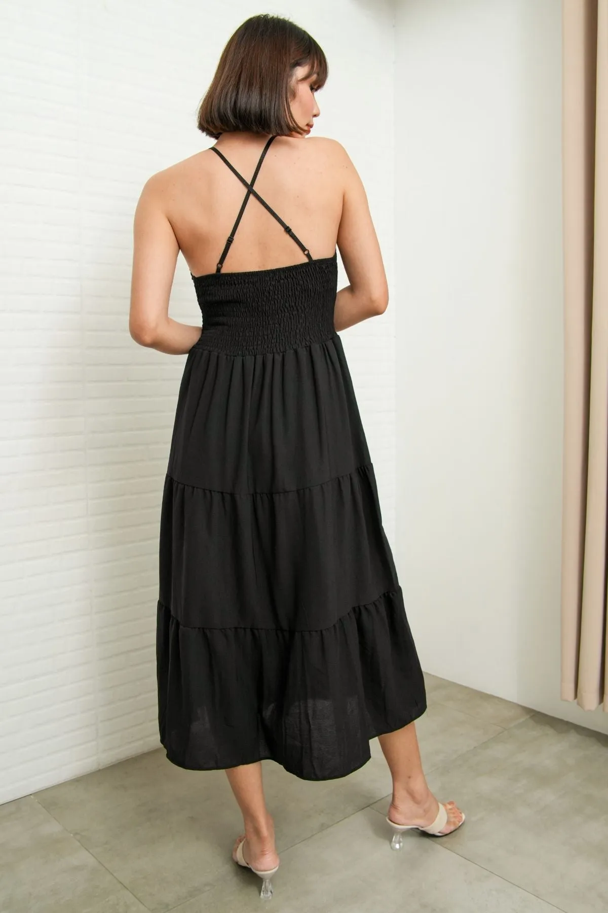RAMONA Smocked Halter Criss-cross Back Dress (Black)