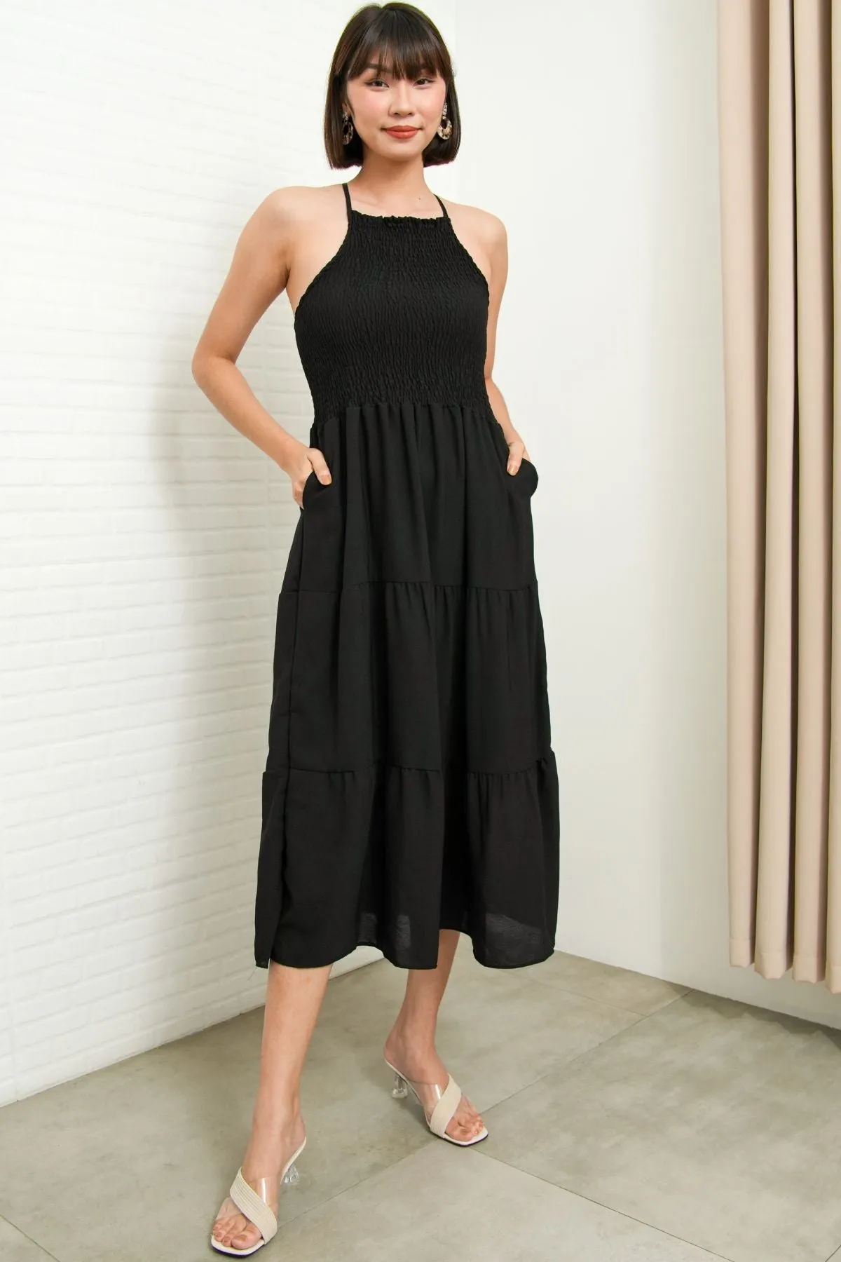 RAMONA Smocked Halter Criss-cross Back Dress (Black)