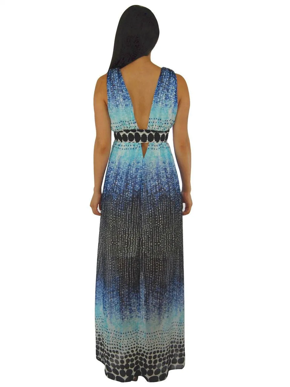 Sexy Deep V Chiffon Maxi Dress Navy Blue White Black Polka Dot