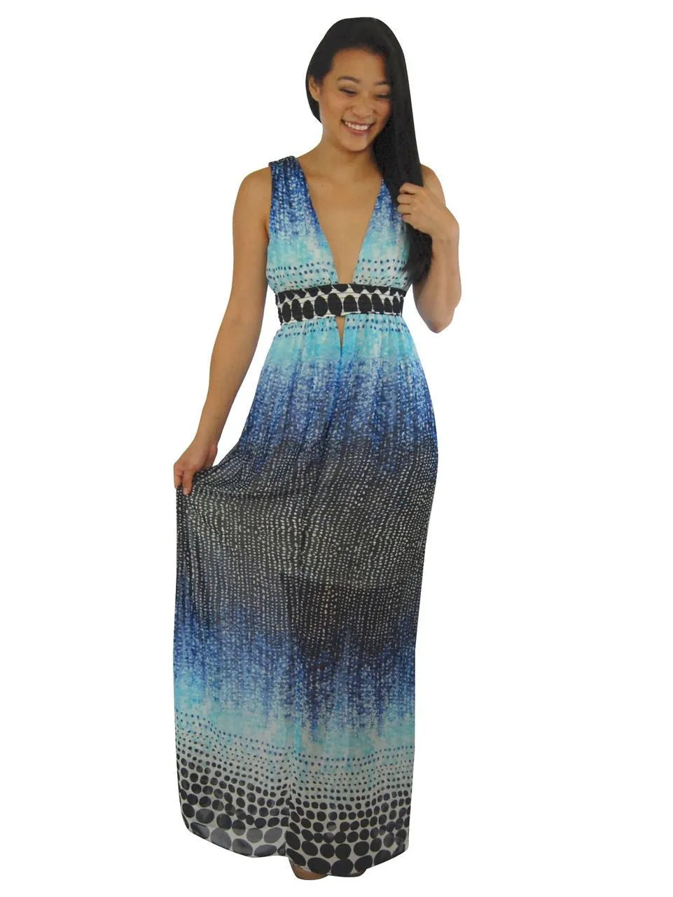 Sexy Deep V Chiffon Maxi Dress Navy Blue White Black Polka Dot