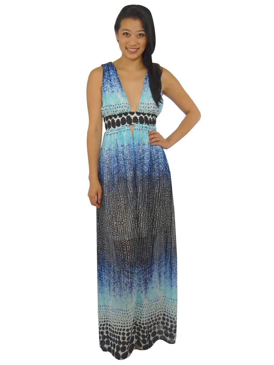 Sexy Deep V Chiffon Maxi Dress Navy Blue White Black Polka Dot