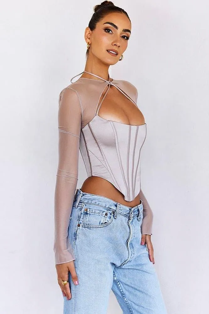 Sexy mesh stitching satin hollow top