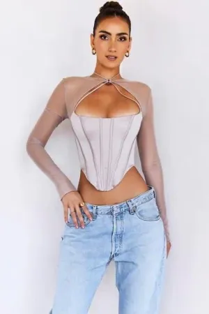 Sexy mesh stitching satin hollow top