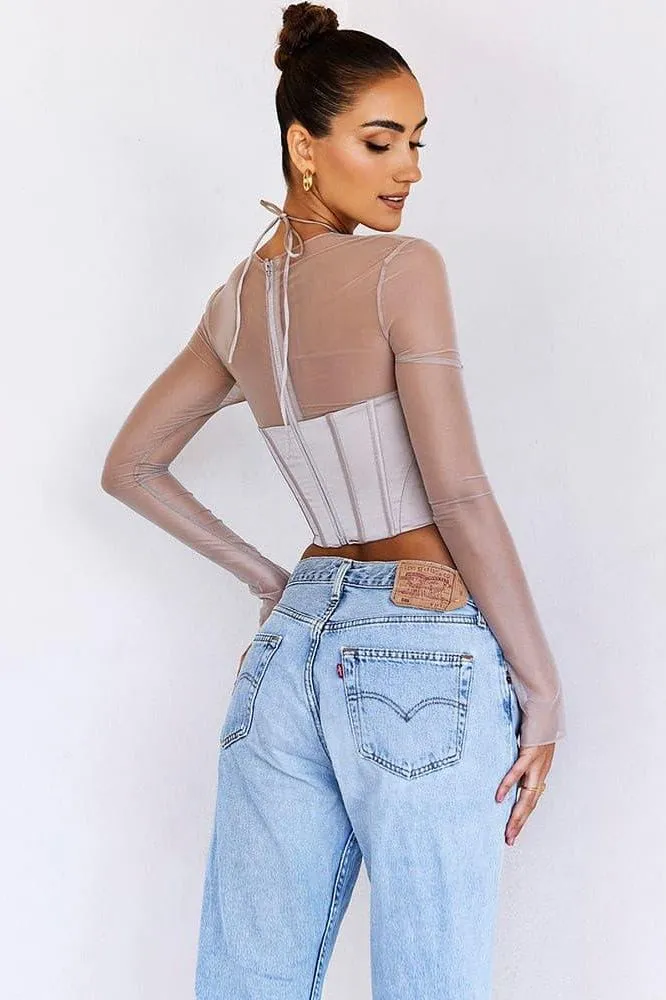 Sexy mesh stitching satin hollow top