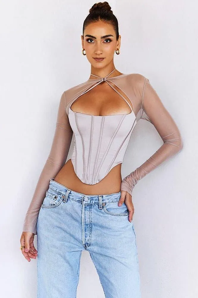 Sexy mesh stitching satin hollow top