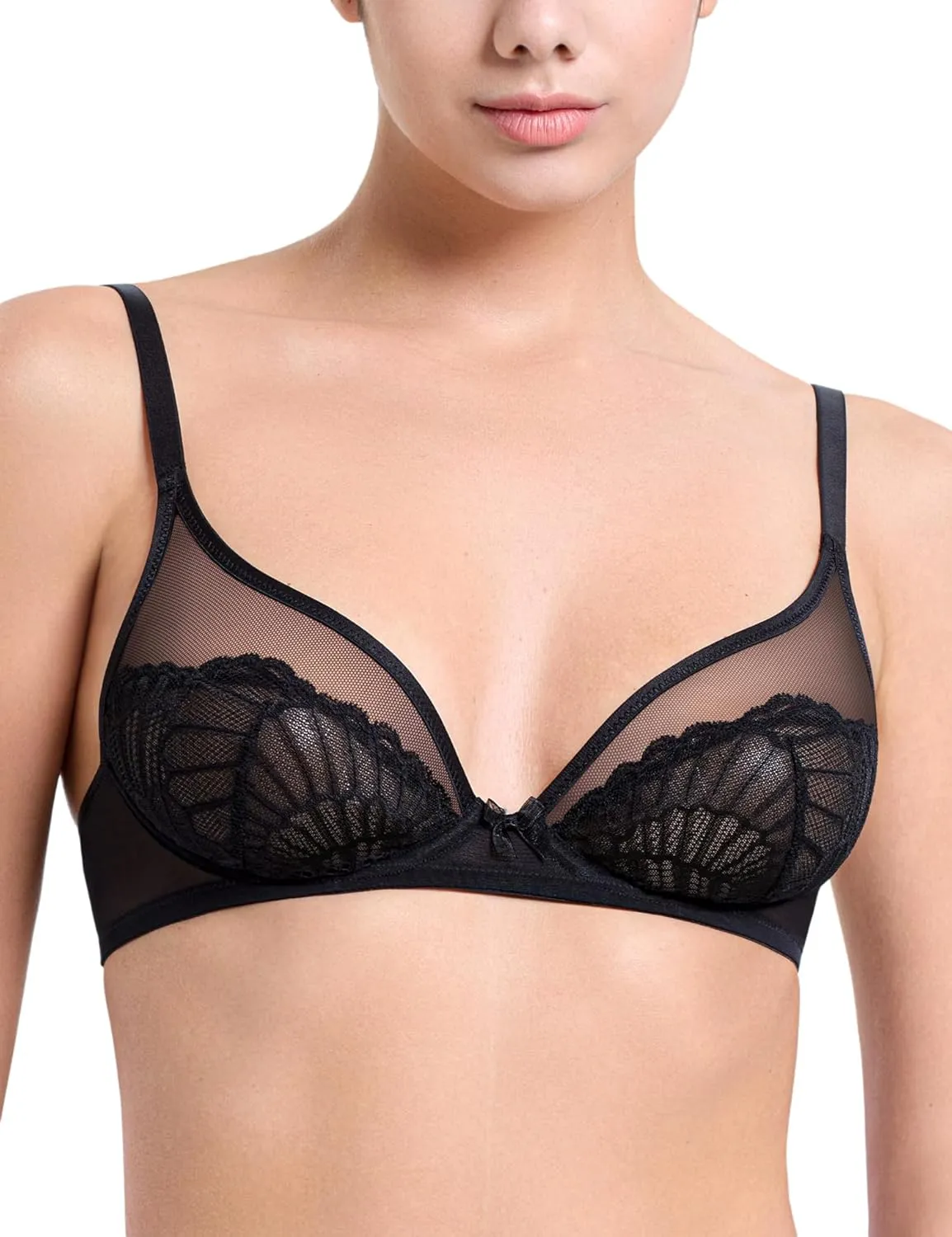 Sheer Lace Underwire Unlined Mesh & Adjustable Straps Black