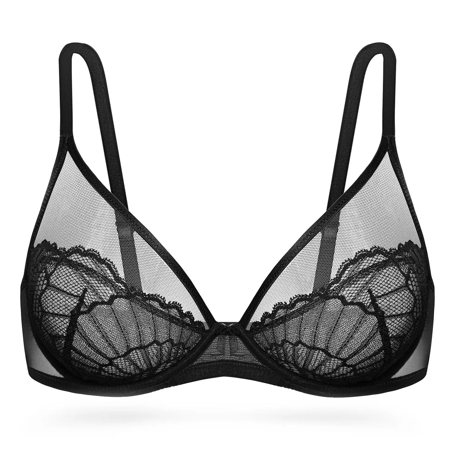 Sheer Lace Underwire Unlined Mesh & Adjustable Straps Black
