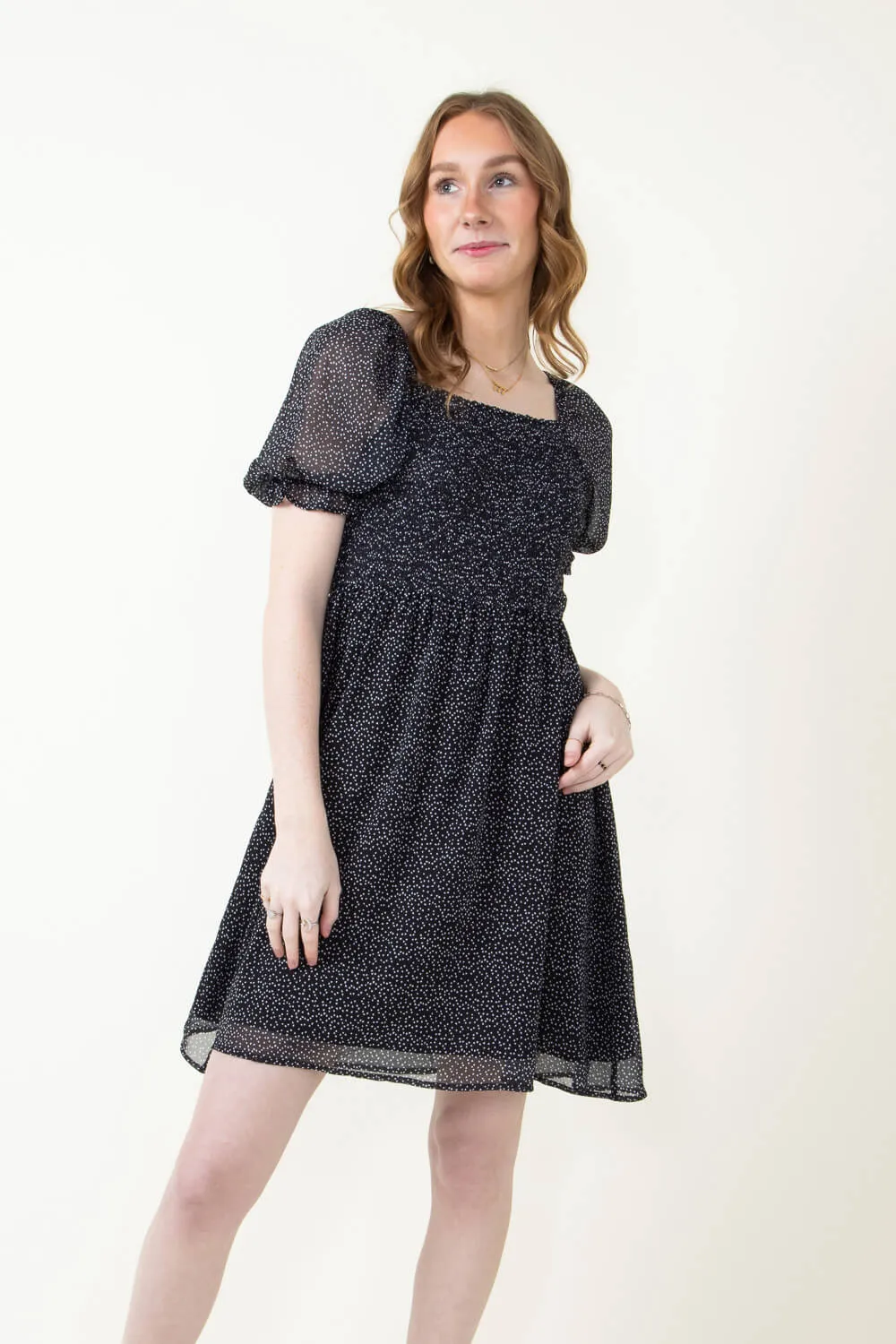 Smocked Heart Print Dress for Women in Black | HY2442-BLK