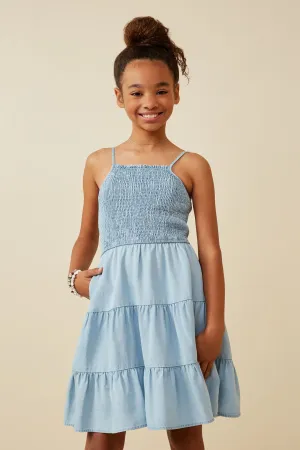 Smocked Tiered Skirt Denim Tencel Mini Dress