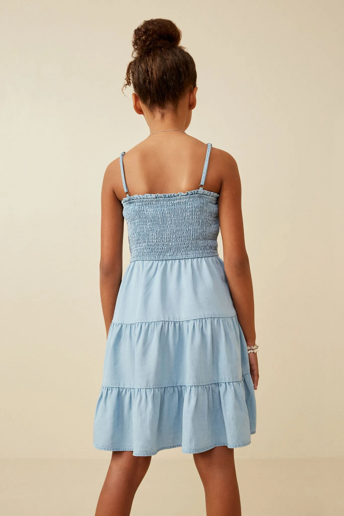 Smocked Tiered Skirt Denim Tencel Mini Dress