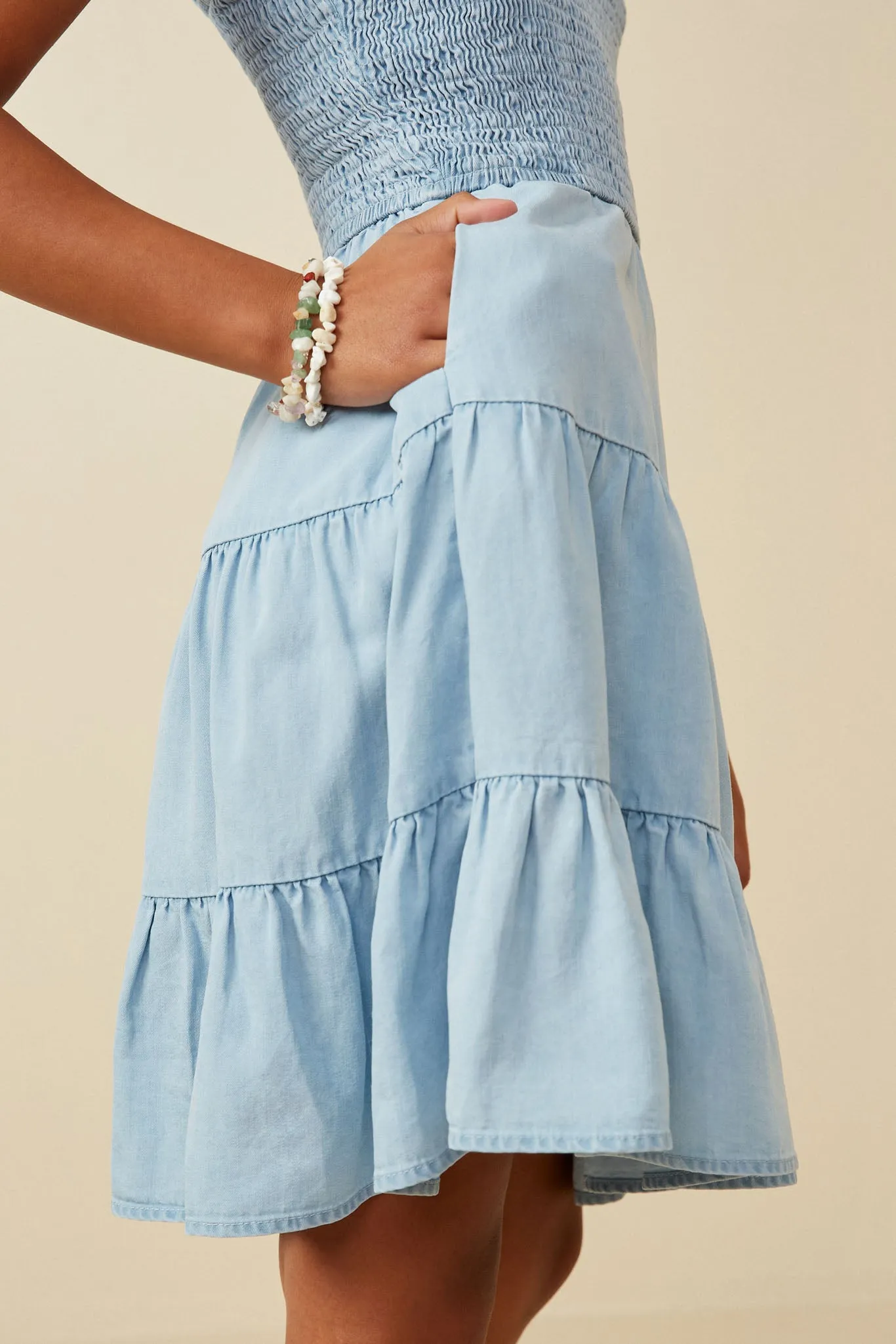 Smocked Tiered Skirt Denim Tencel Mini Dress