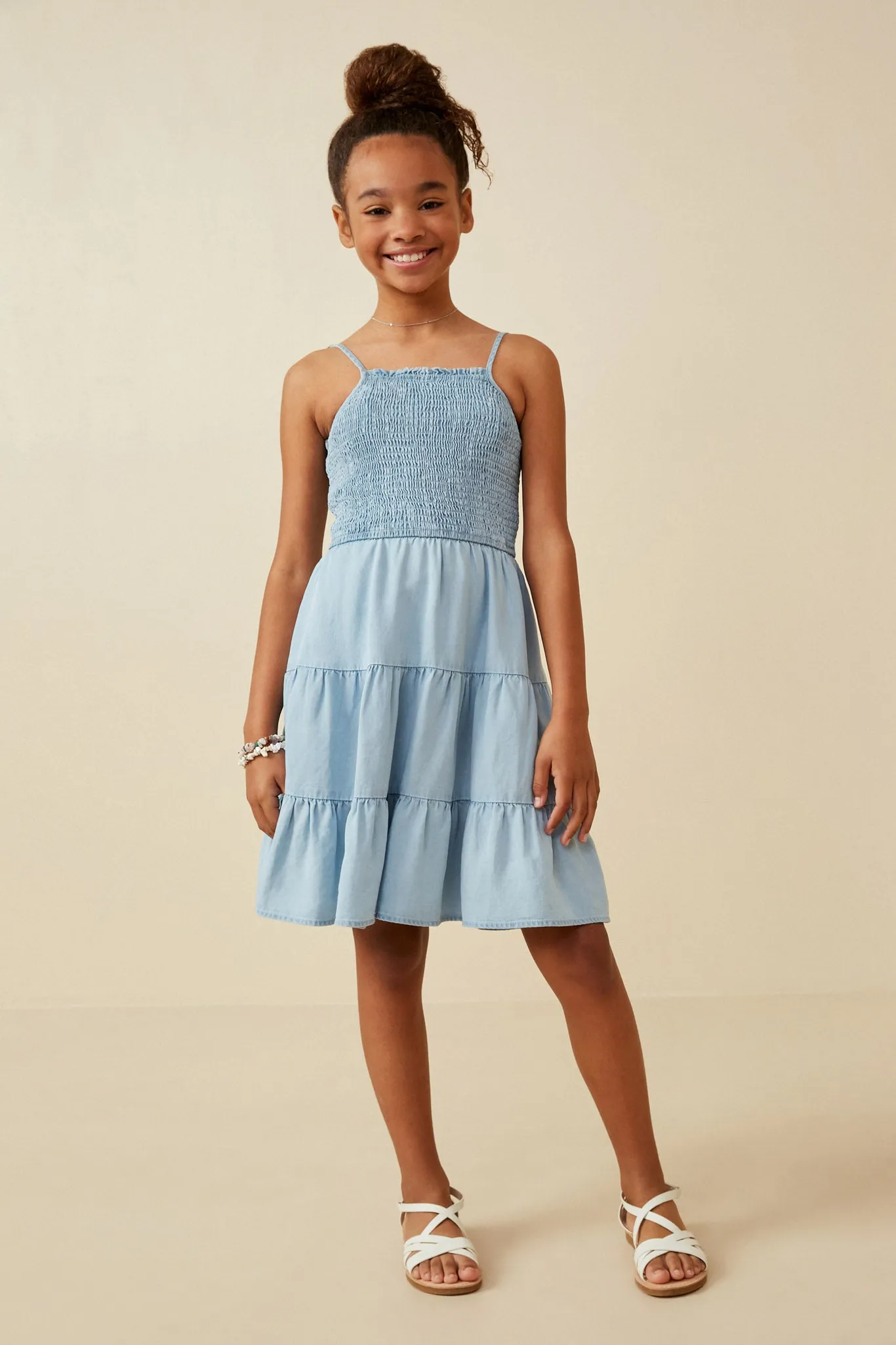 Smocked Tiered Skirt Denim Tencel Mini Dress