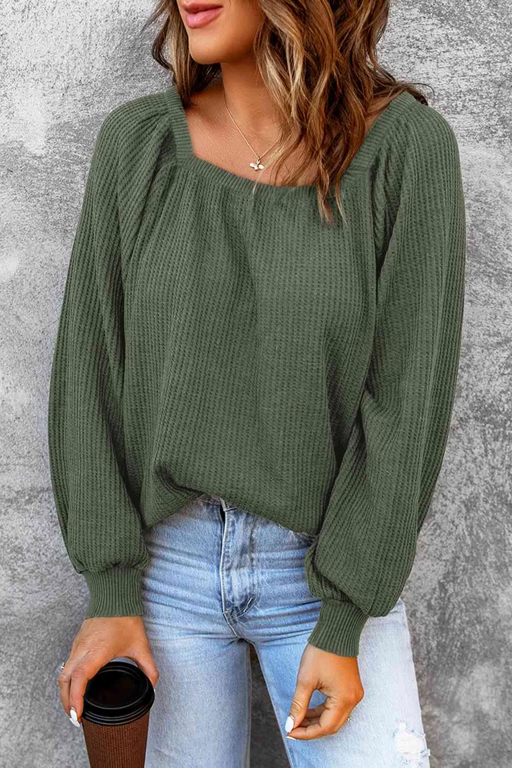 Square Neck Waffle-Knit Top (10 Colors)