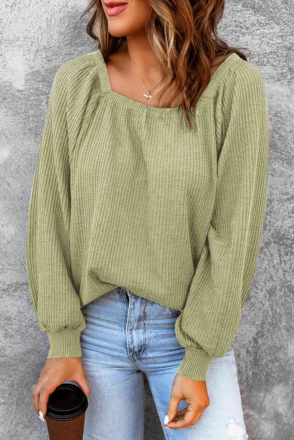 Square Neck Waffle-Knit Top (10 Colors)