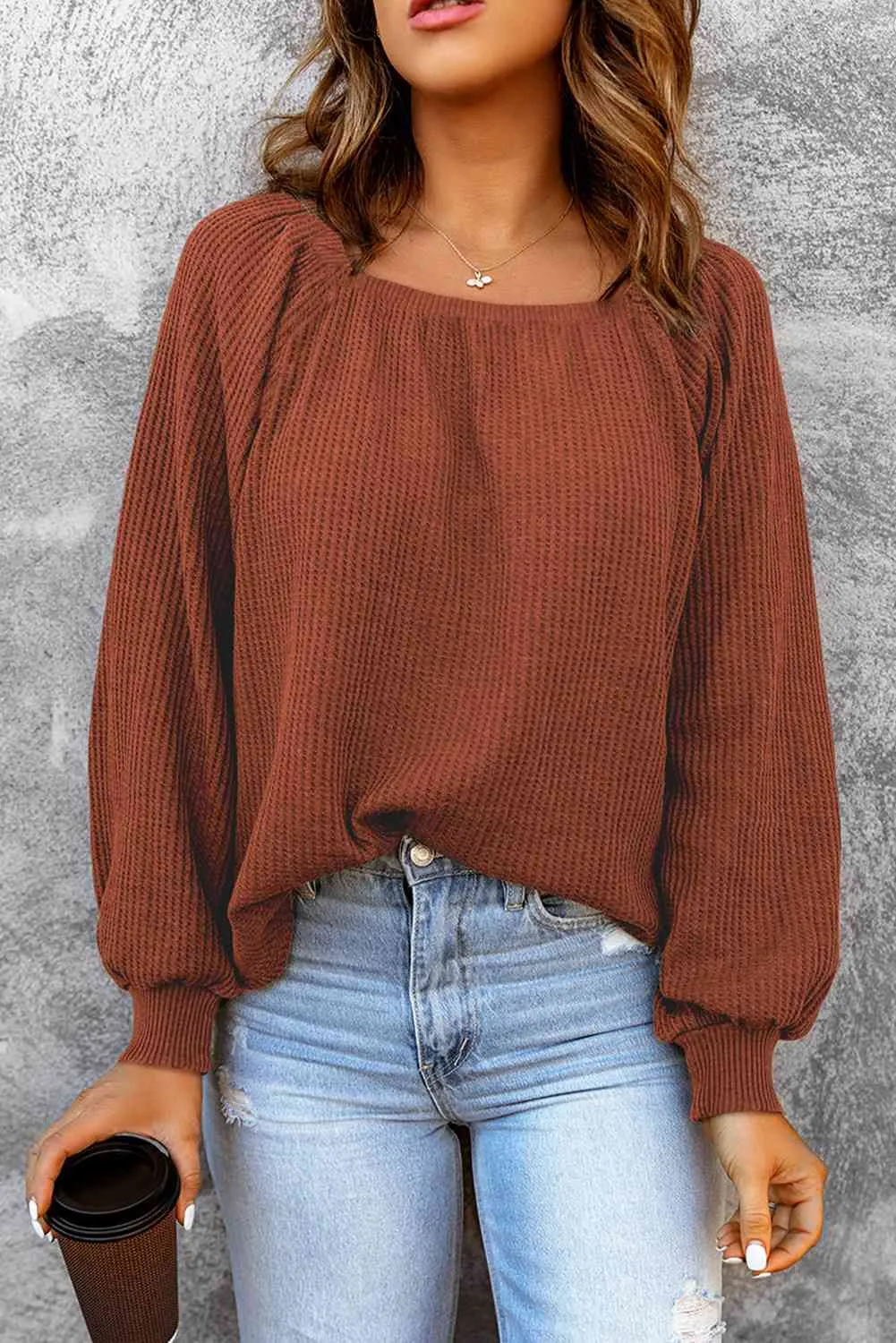 Square Neck Waffle-Knit Top (10 Colors)