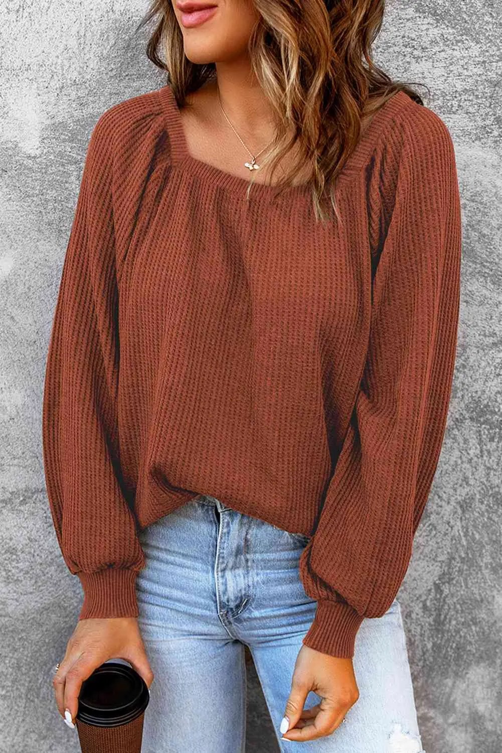 Square Neck Waffle-Knit Top (10 Colors)
