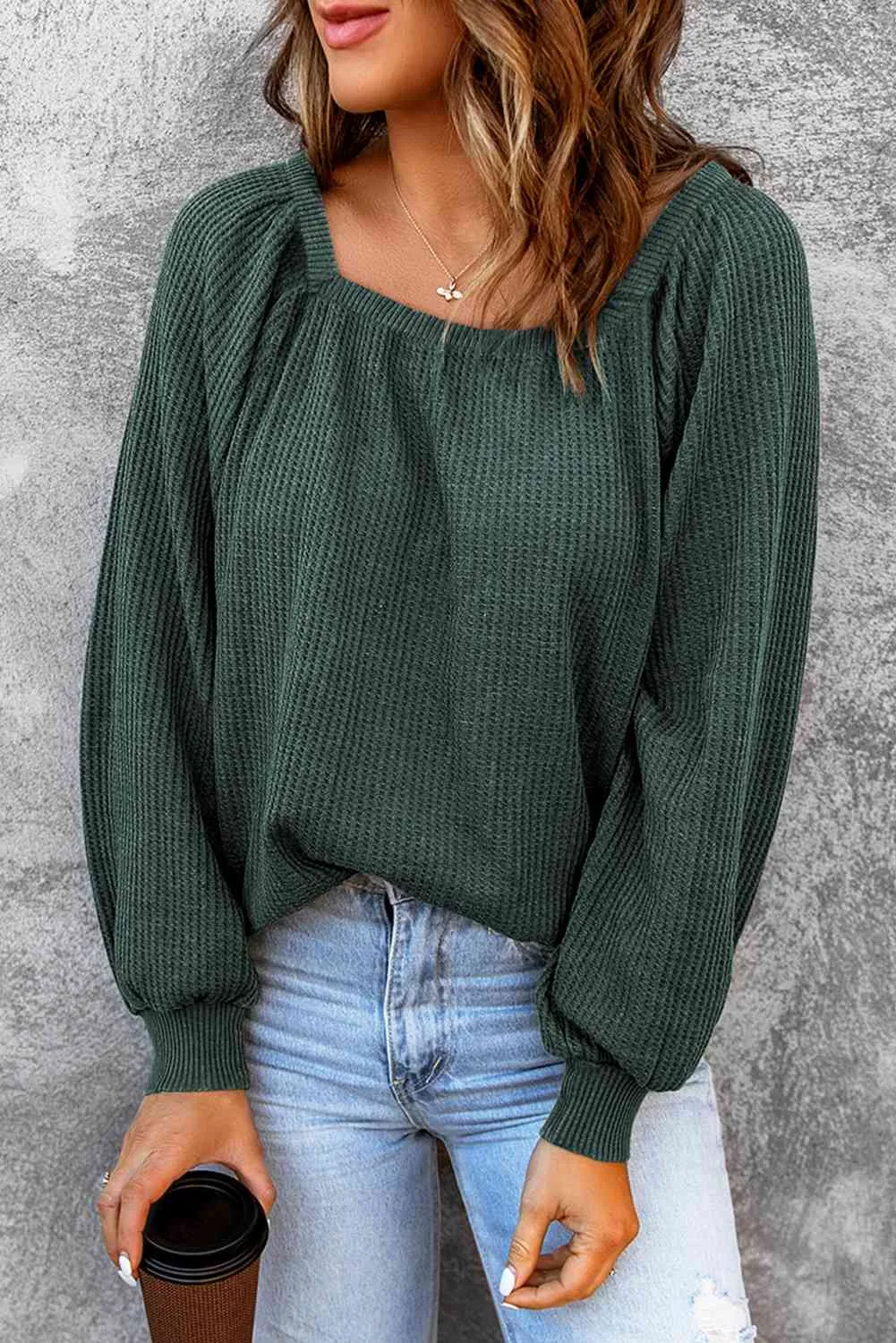 Square Neck Waffle-Knit Top (10 Colors)