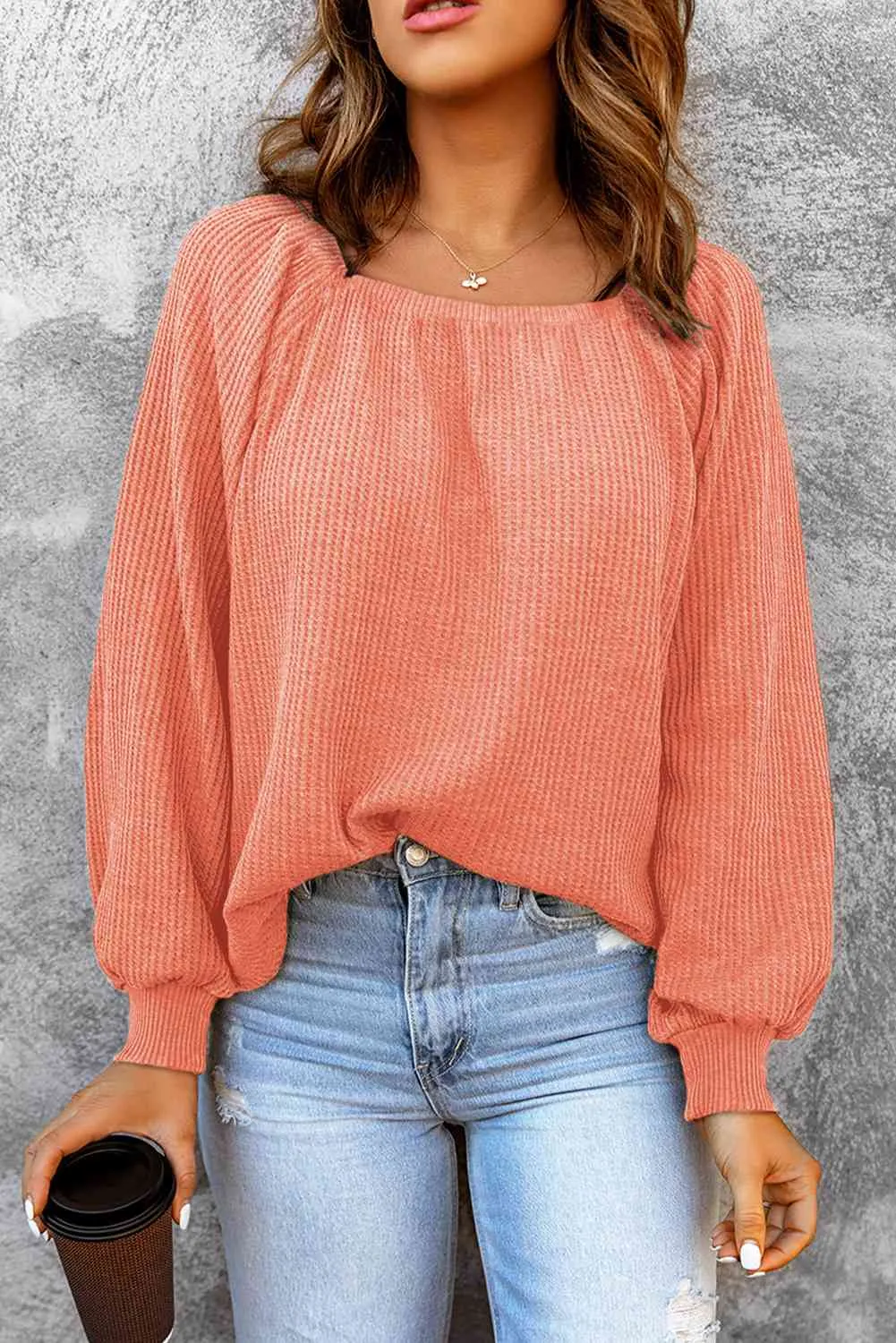 Square Neck Waffle-Knit Top (10 Colors)