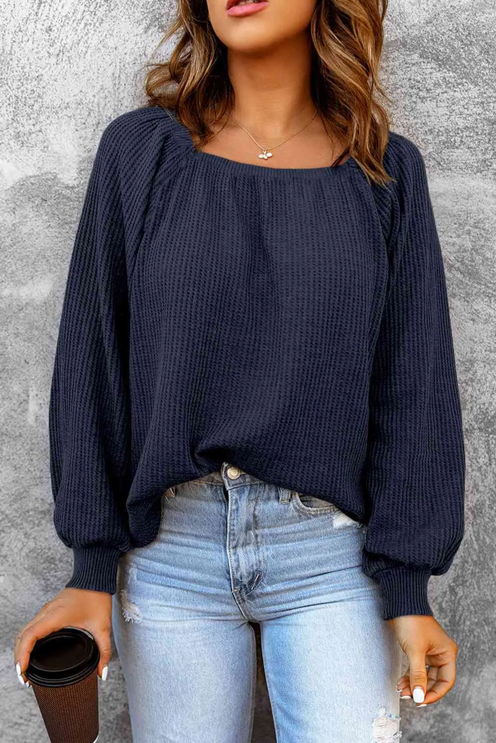 Square Neck Waffle-Knit Top (10 Colors)