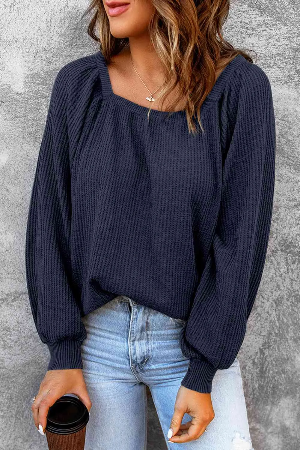 Square Neck Waffle-Knit Top (10 Colors)