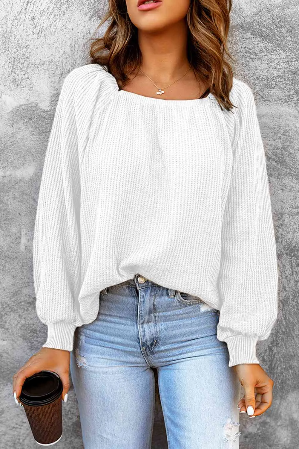 Square Neck Waffle-Knit Top (10 Colors)